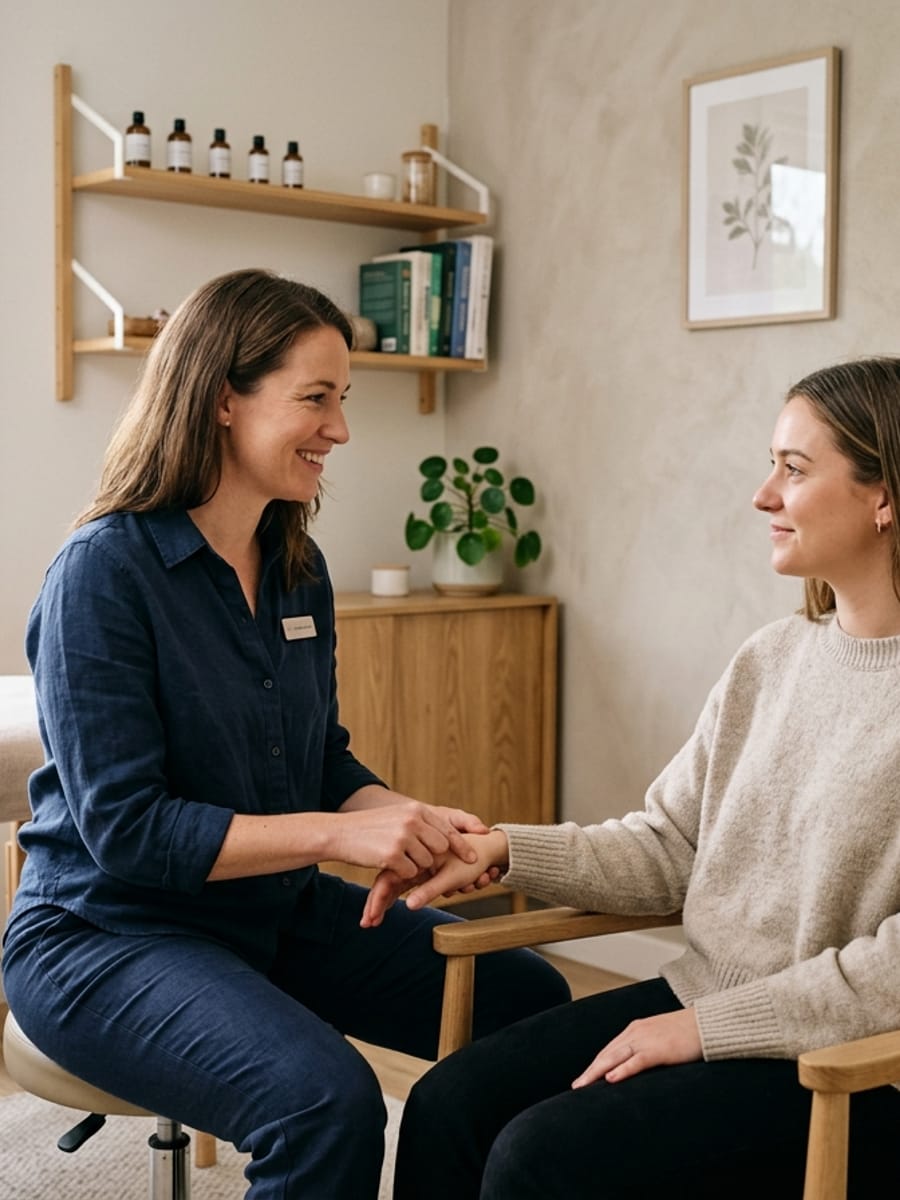 Naturopathe expliquant les principes de bien-être à un patient lors d'une consultation