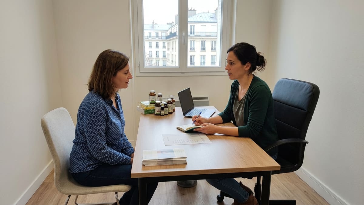 Une femme consulte un naturopathe à Paris, évaluant les coûts
