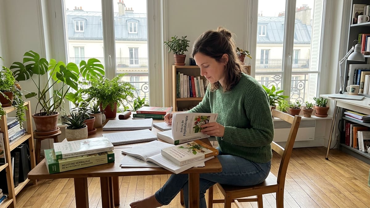 Femme lisant des livres de naturopathie avec des plantes sur son bureau à Paris