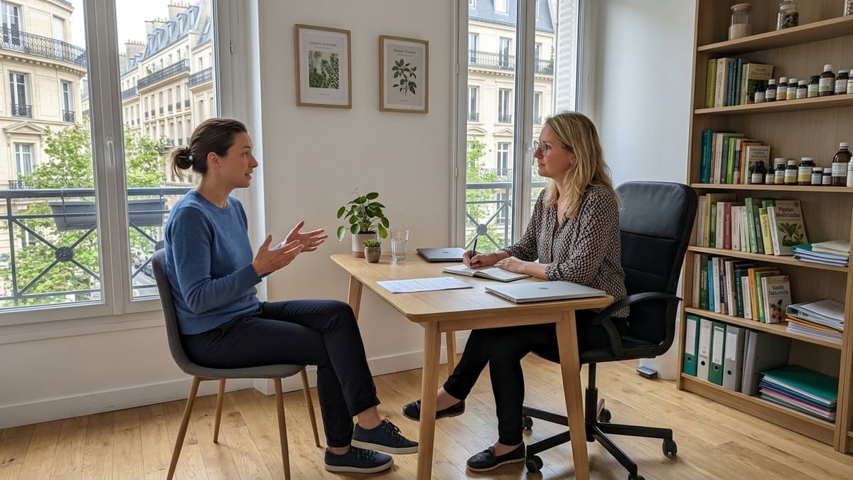 Femme discutant avec un naturopathe à Paris dans un cabinet moderne