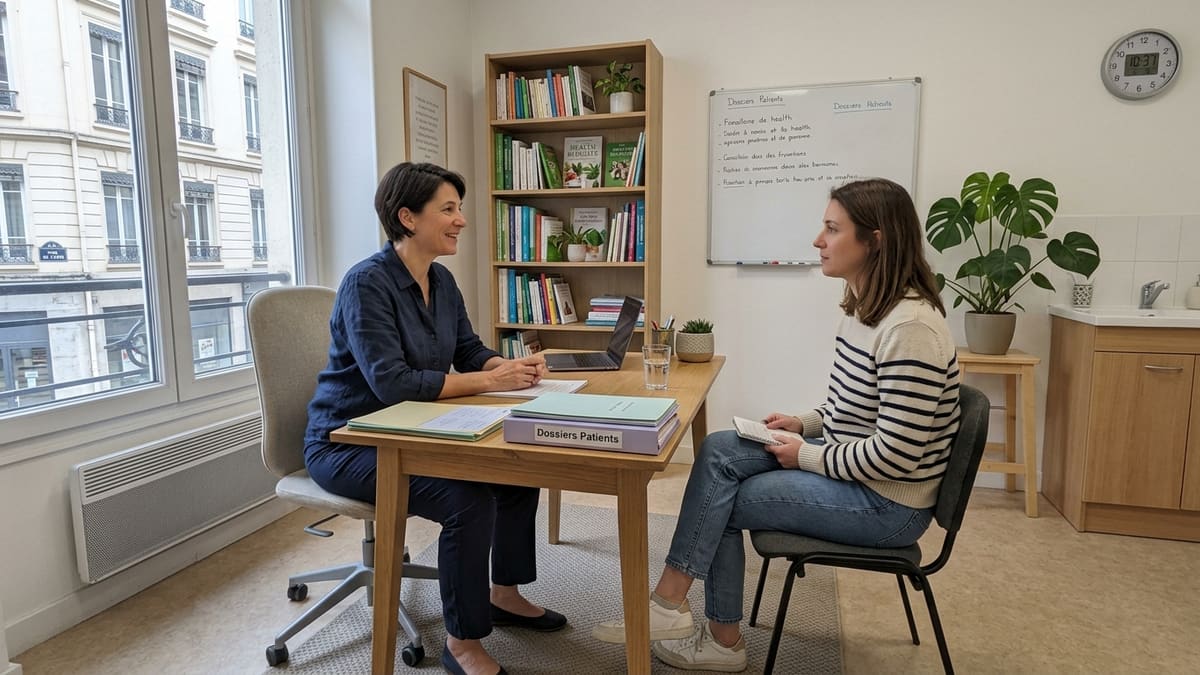 Femme discutant avec naturopathe en cabinet, illustrant les consultations non déductibles