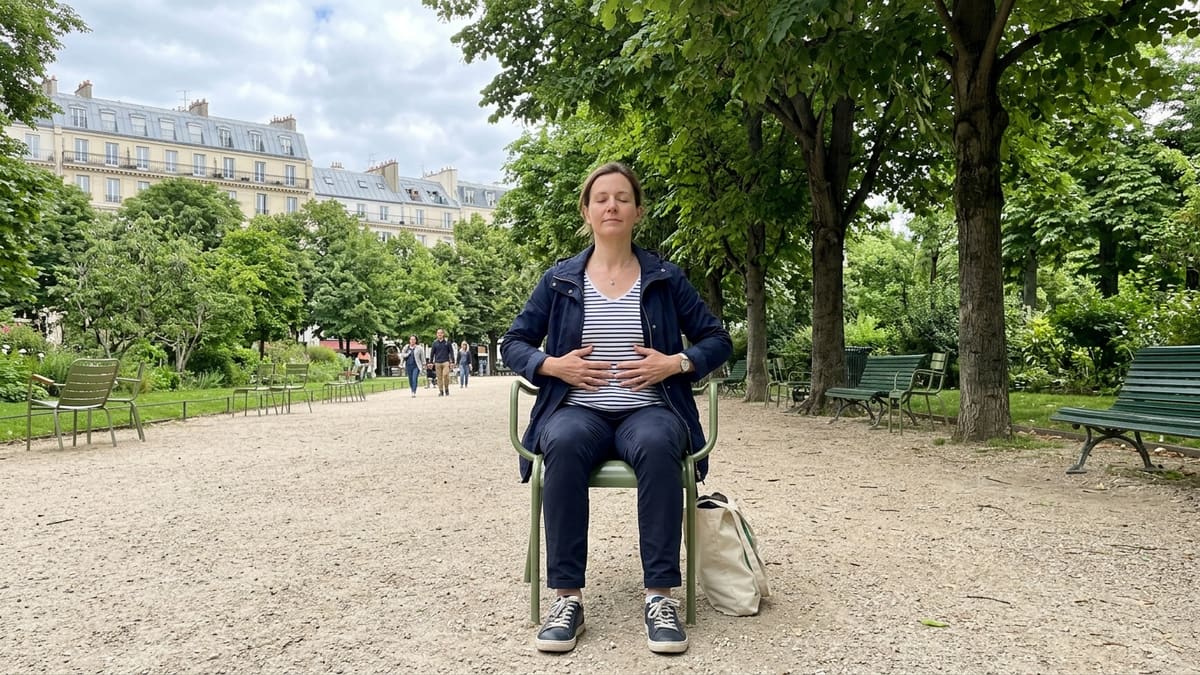 Femme sereine pratiquant des exercices de respiration à Paris pour gérer son anxiété