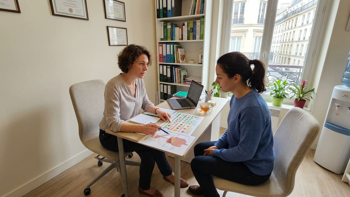 Naturopathe expliquant l alimentation pour troubles digestifs et intestinaux à Paris